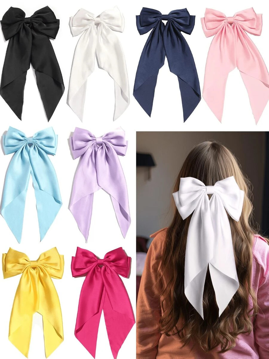 1/8pcs Satin Hair Bow Girl Silky Layered Hair Bow Clip Oversized Long Tail Bow Hair Clip French B... | SHEIN
