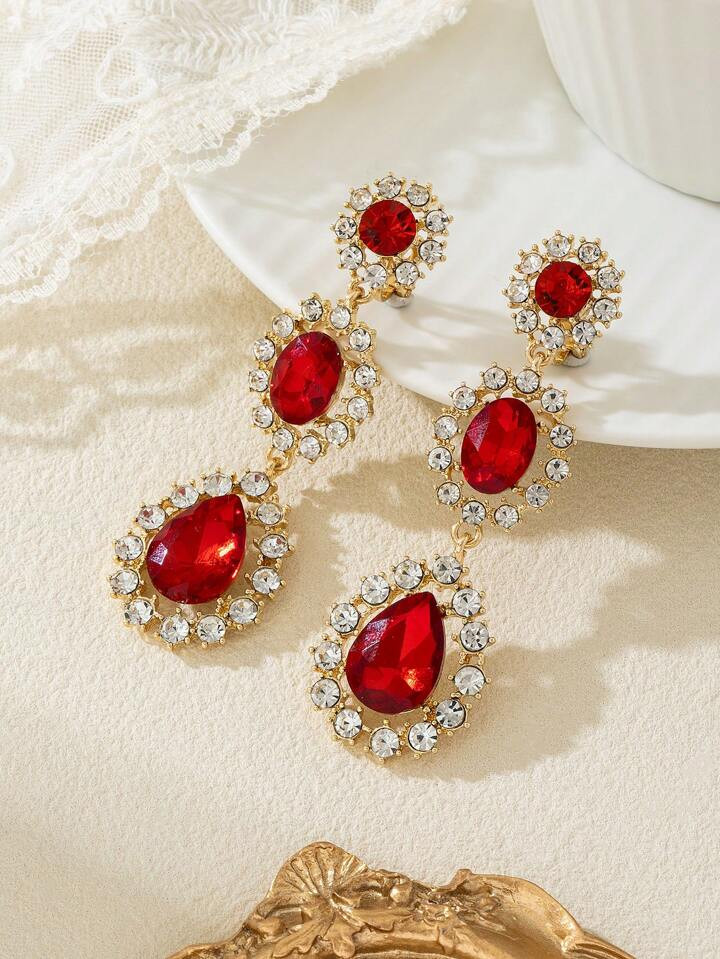 1 Pair Red Retro Baroque Style Crystal Diamond Clip On Long Earrings, Elegant Elegant, Suitable F... | SHEIN