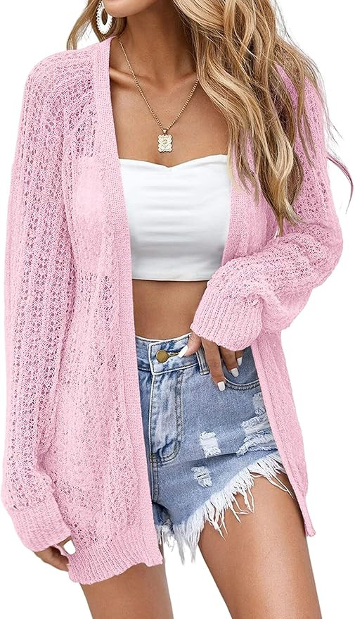 Women Crochet Lightweight Cardigan Cover Up Open Front Long Sleeve Summer Cardigans | Amazon (US)