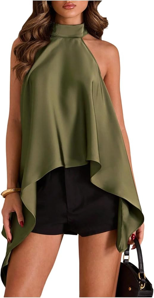 BEAUDRM Women's Satin Halter Tops Classy Sleeveless Tie Backless Asymmetrical Flowy Dressy Silky ... | Amazon (US)