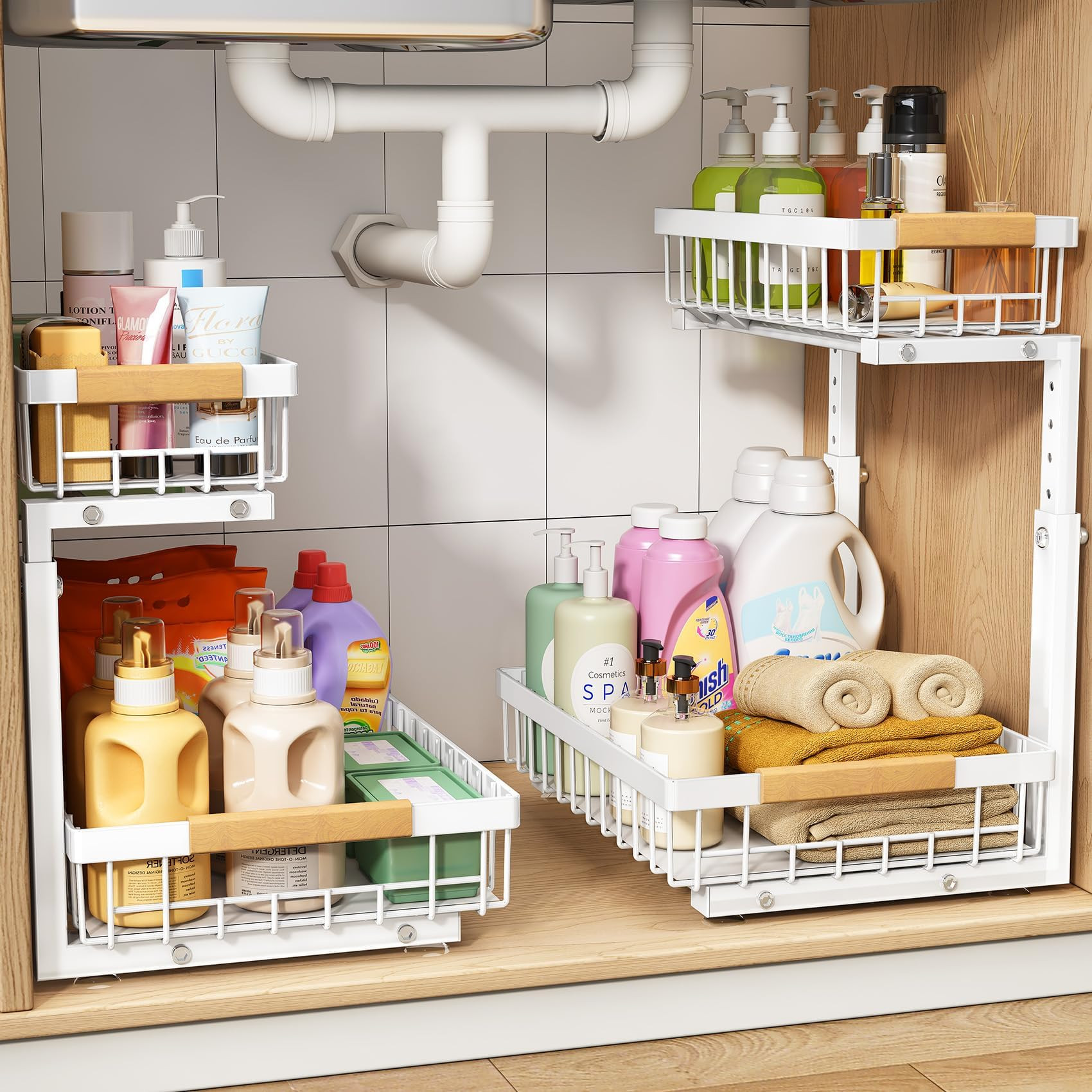 PXRACK 2 Pack Under Sink Organizer,Adjustable Height,2 Tier Pull Out Under Cabinet Organizer,Slid... | Amazon (US)