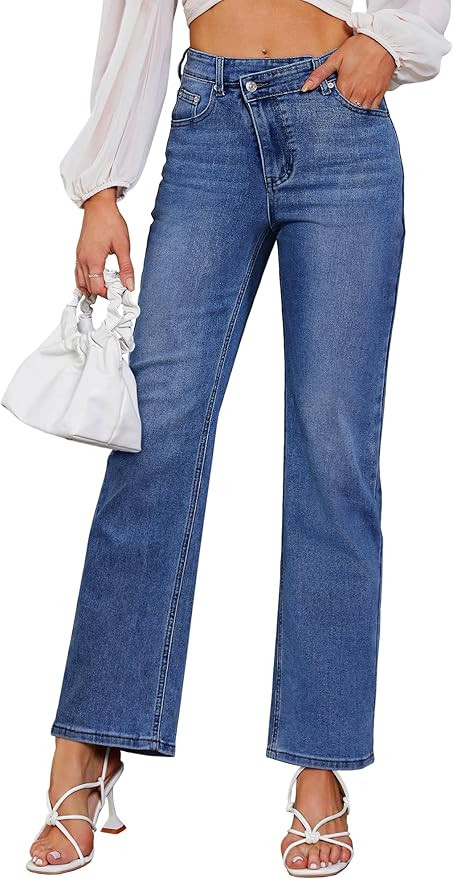 Genleck Women's Blue High Waisted Crossover Jeans - Wide Leg, Stretchable, Casual Denim Pants | Amazon (US)