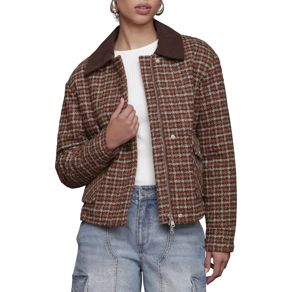 Avec Les Filles Oversize Tweed Bomber Jacket in Brown/Blue Plaid at Nordstrom, Size Small | Nordstrom