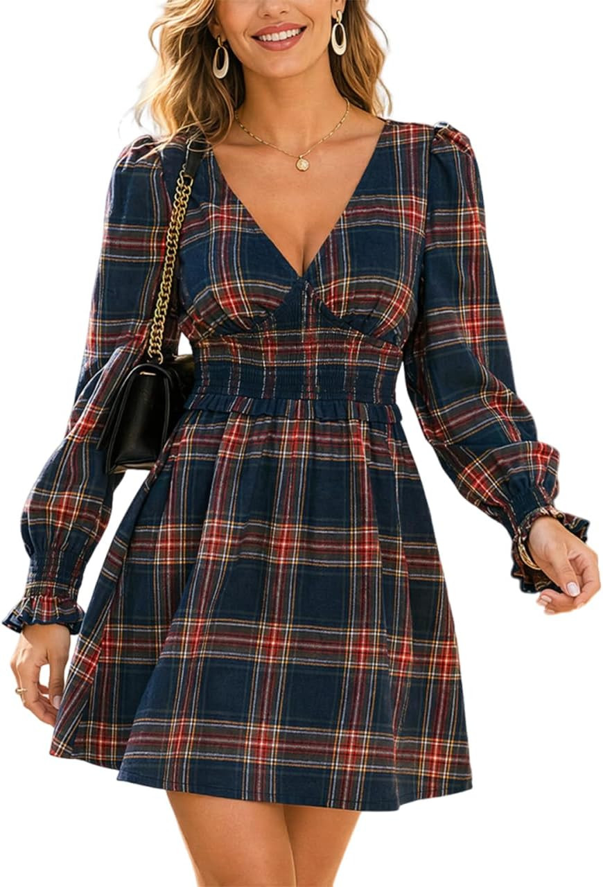 CUPSHE Women Plaid Mini Dress Plunge V Neck Ruffle Long Sleeve Short Dress | Amazon (US)