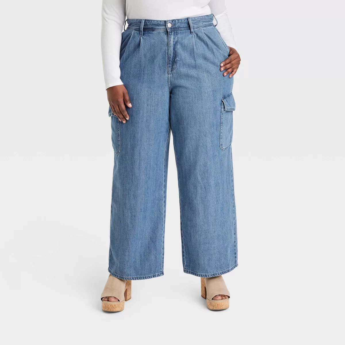 Women's Wide Leg Denim Cargo Trousers - Universal Thread™ Medium Wash | Target