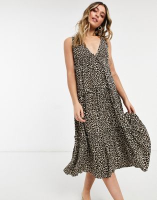 ASOS DESIGN button front tiered midi sundress in leopard print | ASOS (Global)