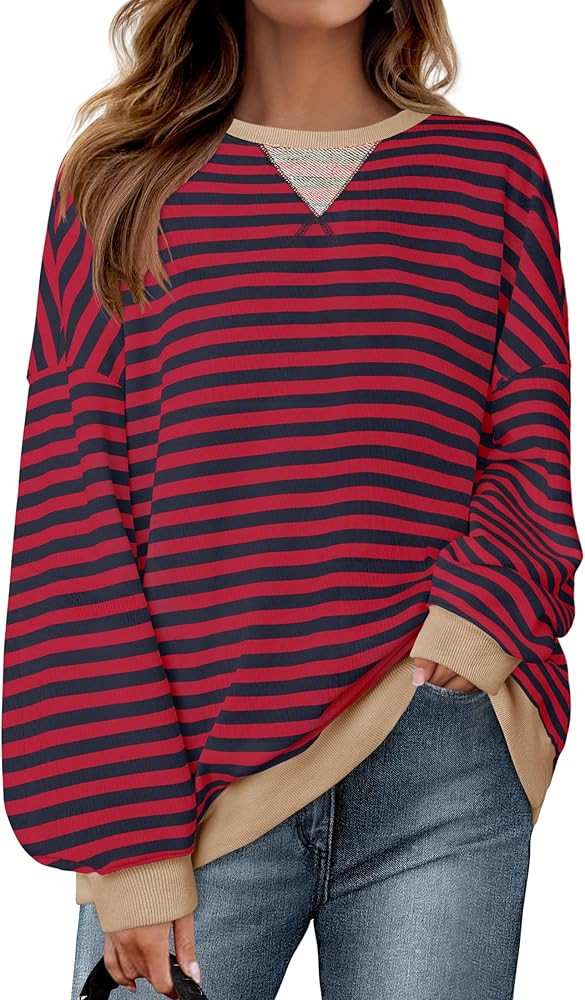 ZESICA Womens Casual Striped Pullover Tops Long Sleeve Shirts Crewneck Oversized Sweatshirts 2024... | Amazon (US)
