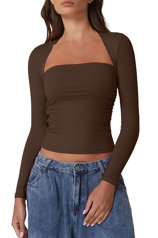 QINSEN Long Sleeve Square Neck Tops for Women Double Lined Side Ruching Going Out Shirts Basic Te... | Amazon (US)