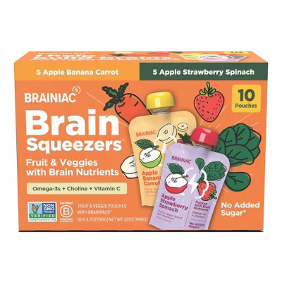 Brainiac Kids Brain Squeezers Applesauce Pouches Fruit and Veggie Variety Pack Apple Banana Carrot & Apple Strawberry Spinach - 3.2oz/10ct | Target