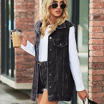 Perbai Women's Oversized Denim Vest Mid Long Jean Vest Distressed Sleeveless Denim Jacket | Amazon (US)