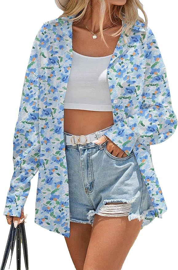 Prettywear Women's Blouses Tops Dressy Casual Print Long Sleeve Oversized Button Down Shirts V Ne... | Amazon (US)