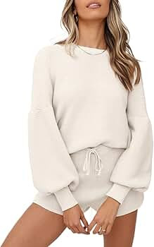 Womens Two Piece Sweater Crop Top and Drawstring Shorts Sweatsuit Knit Loungewear Pajamas Sets | Amazon (US)