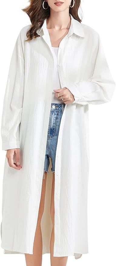 Firehood Maxi Button Down Dress Cotton Long Sleeve Oversized Shirt Dress Pockets | Amazon (US)