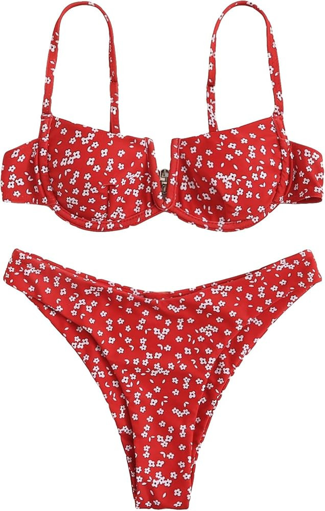 SweatyRocks Women's Sexy Bathing Suits Spaghetti Strap Floral Bikini Set Underwire Swimsuit | Amazon (US)