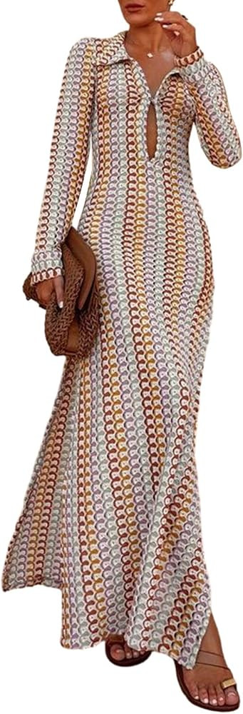 Women See Through Knit Long Dress Long Sleeve Crochet Maxi Bodycon Dress Backless Beach Bikini Co... | Amazon (US)