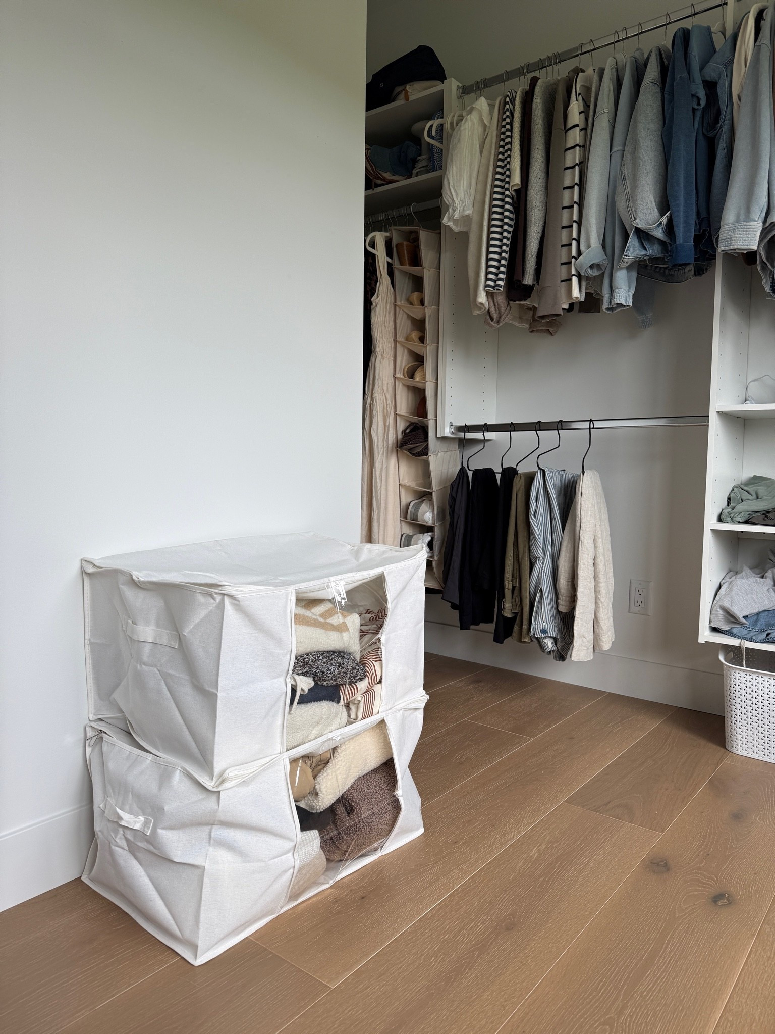 Closet organizing + clean out today-(got 4 pack of these canvas white zip totes!)