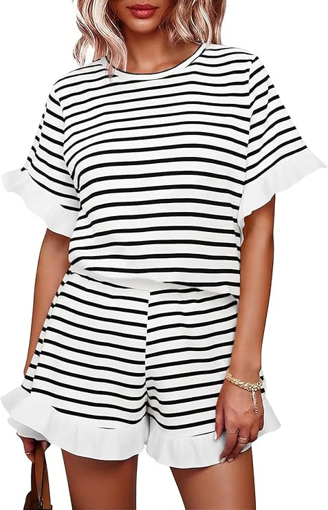 Tankaneo Womens 2 Piece Striped Shorts Set Ruffle Short Sleeve Tops Hight Waist Shorts Matching S... | Amazon (US)