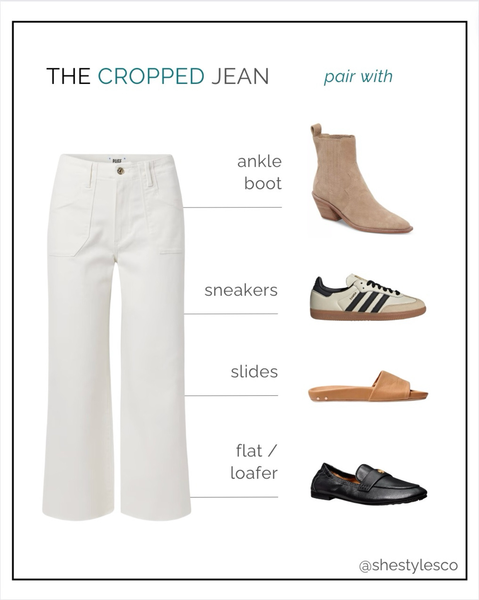 Pairing Guide: Jeans & Shoes👖
CROPPED JEANS
Ankle Boots
Sneakers
Slides
Flats / Loafers

Spring style. Spring outfit. Cropped jeans. Ankle jeans. Spring fashion. Outfit idea. Jeans outfit.

#LTKstyletip