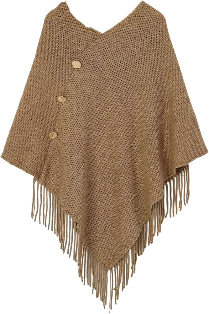 SHENHE Women's Knit Poncho Sweater V Neck Fringe Bat Wing Pullover Cape Lightweight Shawl Wrap | Amazon (US)