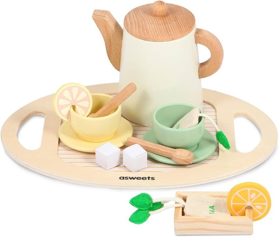 Asweets Wooden Tea Set for Little Girls,Tea Party Set Play Kitchen Accessories for Kid Playset Pr... | Amazon (US)