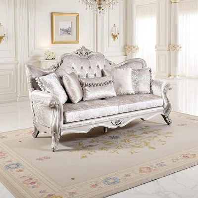 Paulo Sofa, Off Fabric, Carved Details, Solid Wood, White | Wayfair North America