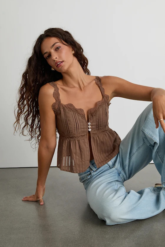 Yanika Brown Eyelet Lace Tank Top | Lulus