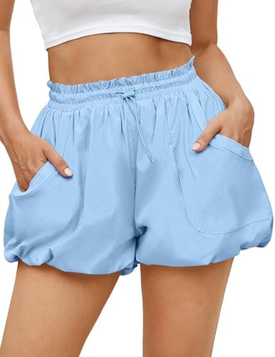 Fisoew Womens Summer Bubble Shorts Casual High Waisted Workout Puffy Shorts with Pockets Sky Blue | Amazon (US)