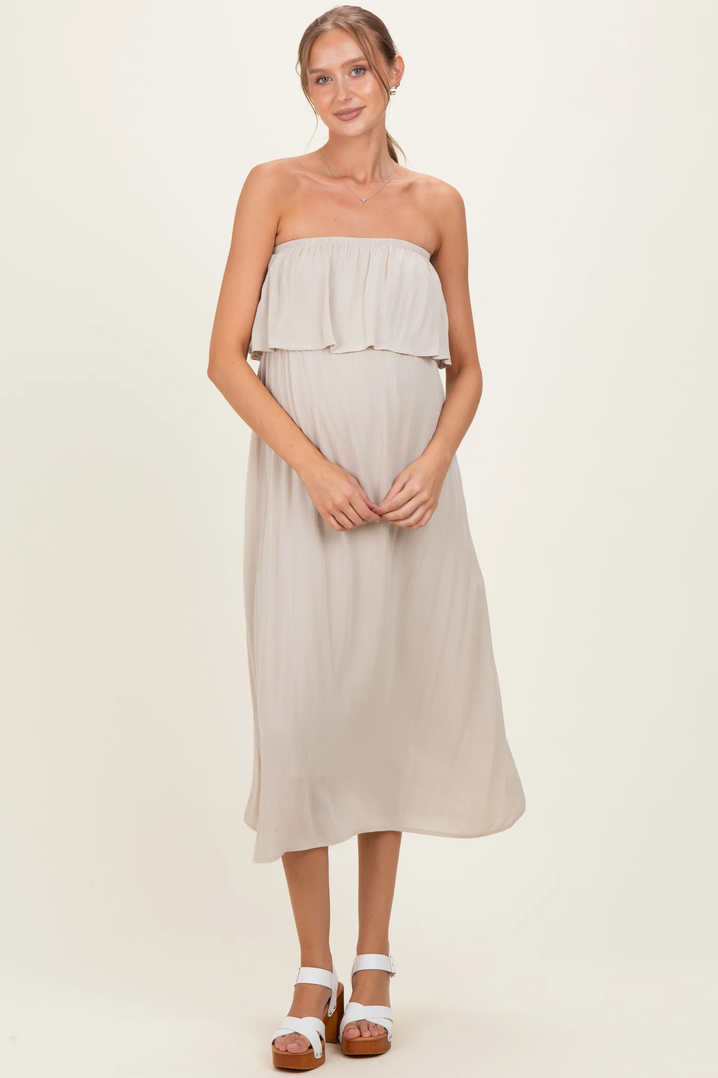 Sand Beige Woven Crinkle Flounce Strapless Maternity Maxi Dress | PinkBlush Maternity