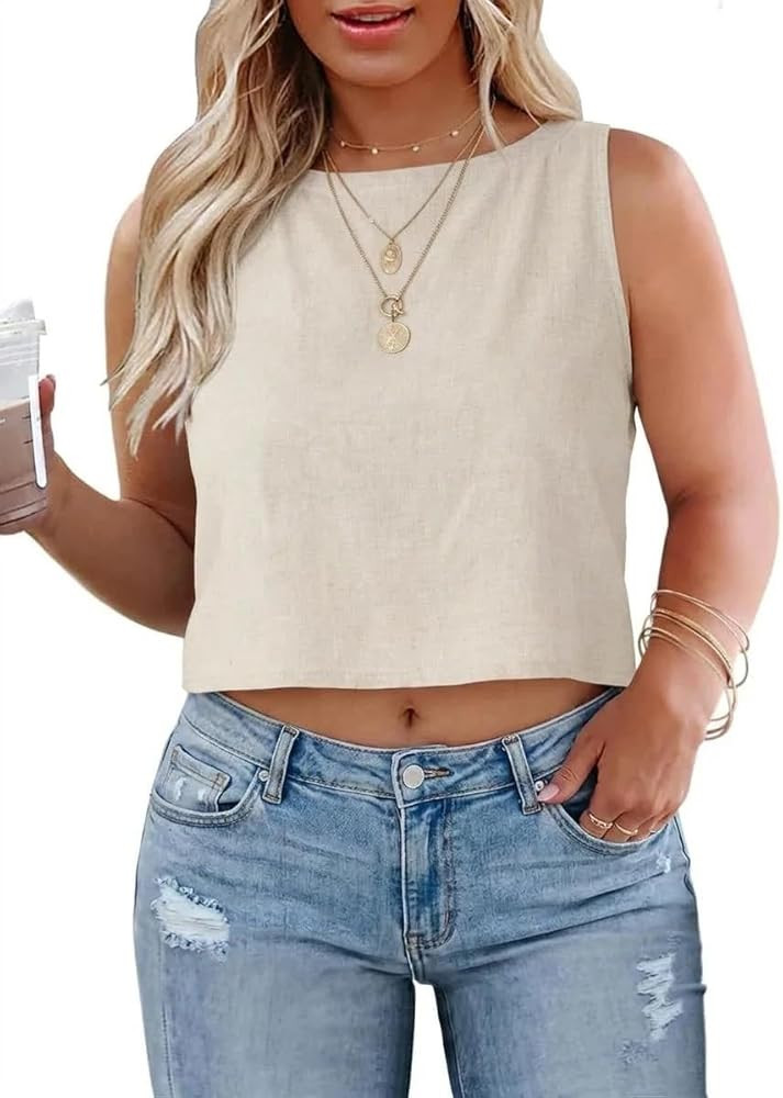 IDEALSANXUN Womens Plus Size Linen Tank Tops Spring Summer Beach Sleeveless Shirts Vest Tops | Amazon (US)