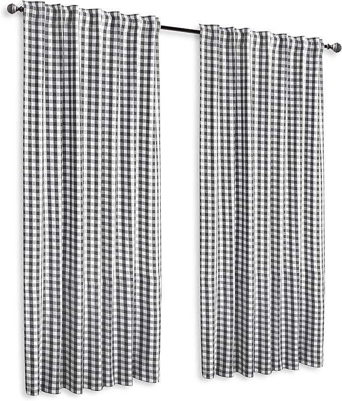 Gingham Check Window Curtain Panel, 100% Cotton, Charcoal/White, Cotton Curtains, 2 Panels Curtai... | Amazon (US)