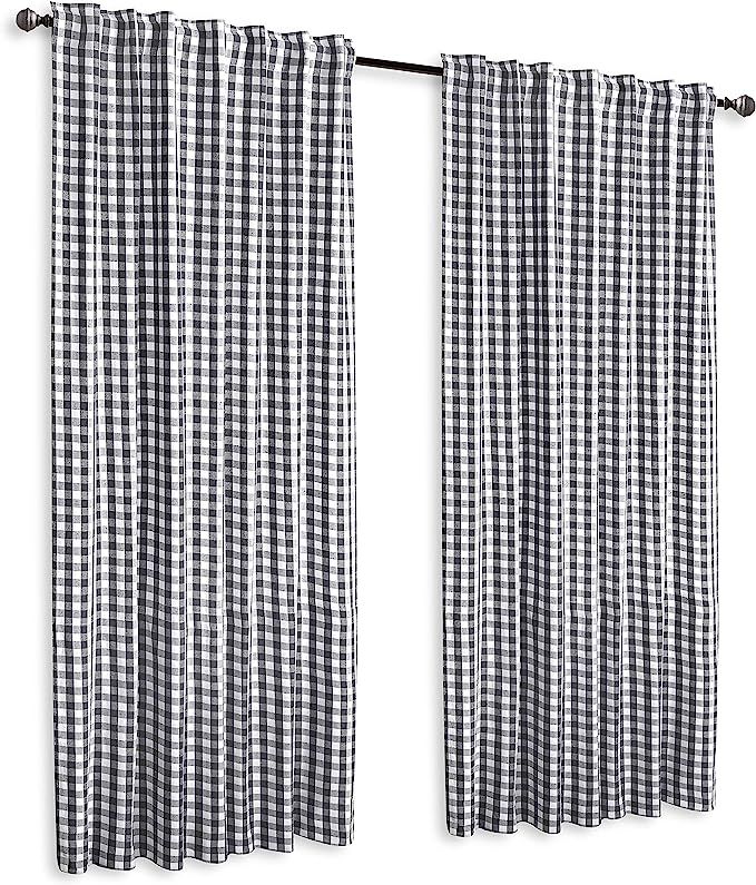 Gingham Check Window Curtain Panel, 100% Cotton, Charcoal/White, Cotton Curtains, 2 Panels Curtai... | Amazon (US)