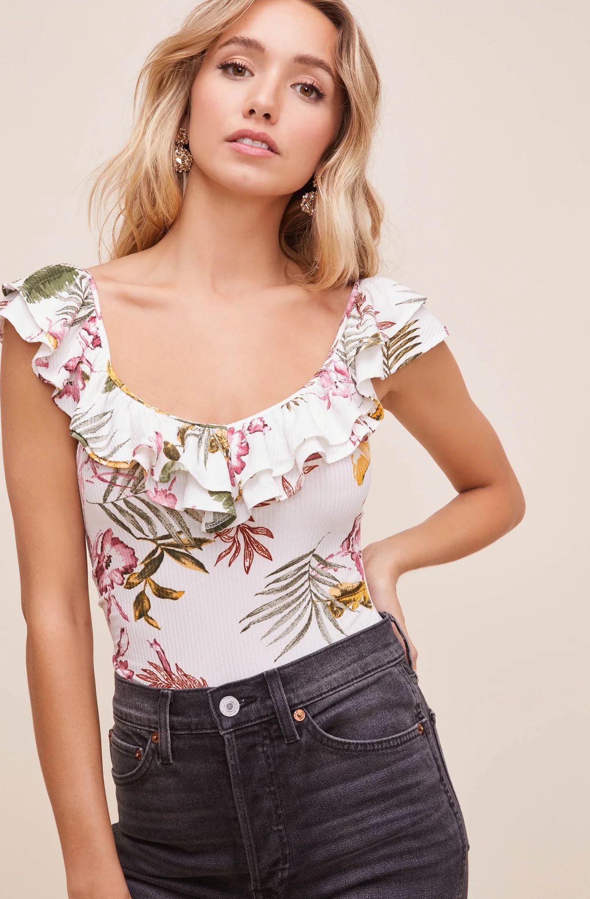 Double Ruffle Off The Shoulder Rib Bodysuit | ASTR The Label (US)