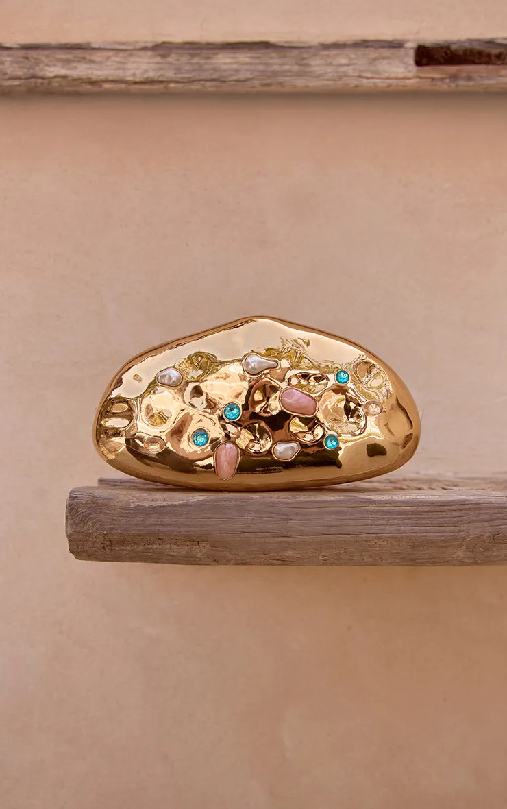 Gold Textured Embellished Hard Clutch | PrettyLittleThing UK