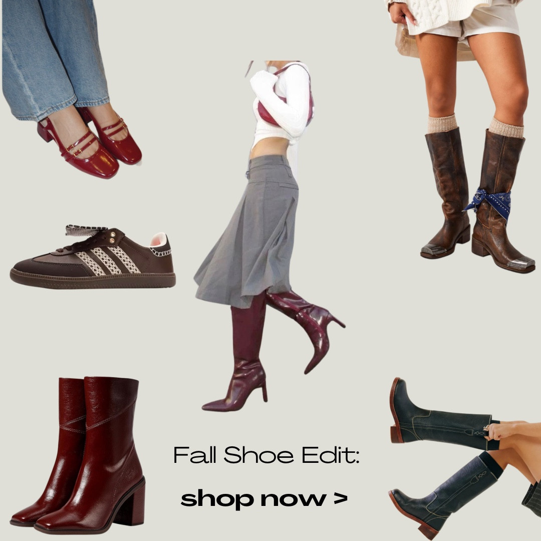 Fall Shoe Edit!! Featuring: burgundy boots, loafers, flats, & kitten heels (color of the fall), country chic style harness and cowgirl boots, and chic, comfortable sneakers! 🍂✨🤍🔗