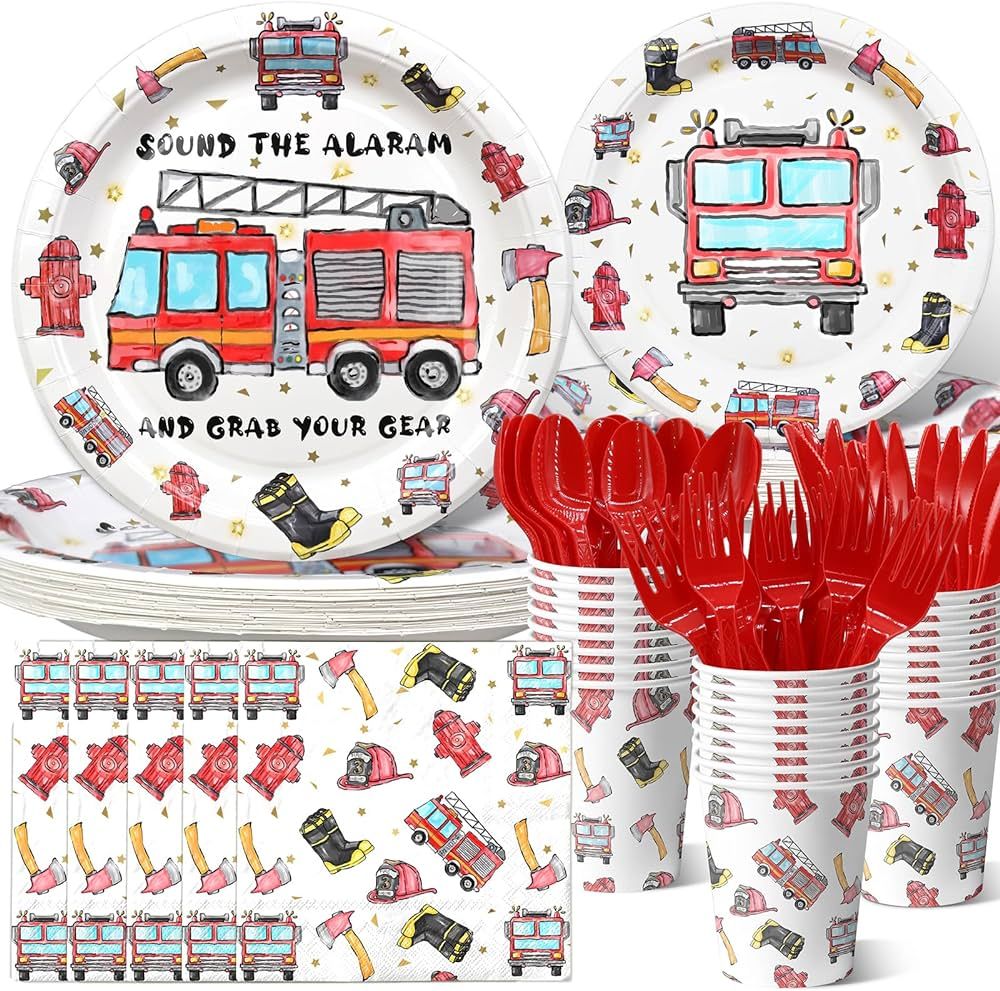 Firetruck Birthday Party Decorations, Watercolor Fire truck Birthday Party Favors,Fireman Party S... | Amazon (US)