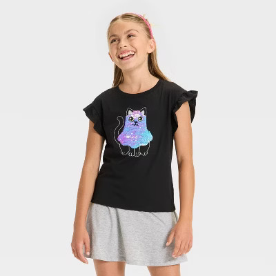 Girls' Short Sleeve Halloween 'Ghost Cat' Flip Sequin T-Shirt - Cat & Jack™ Black | Target