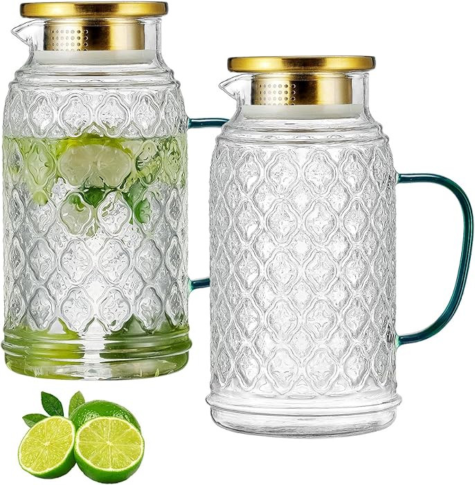 Heat Resistant Glass Pitcher Water Carafe
        with Lid, 2 PACK, 68 oz, 2 Liter, Vintage, Clea... | Amazon (US)