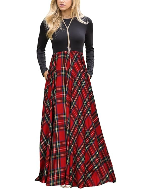 MEROKEETY Women's Long Sleeve Plaid Empire Waist Full Length Maxi Dress with Pockets | Amazon (US)