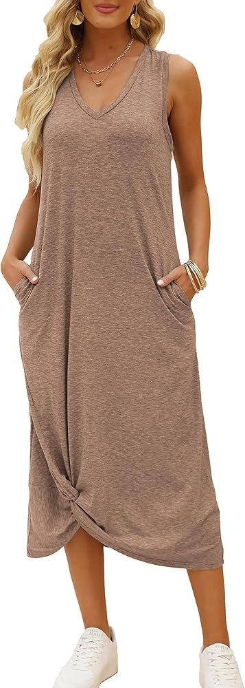 DEEP SELF Women's Casual V Neck Twist Knot Front Sleeveless Long Dress Summer Beach Tank Ankle Le... | Amazon (US)
