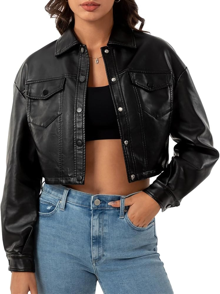 Women Faux Leather Cropped Jacket Bomber Casual Button Coat PU Moto Bike Outwear with Pockets | Amazon (US)