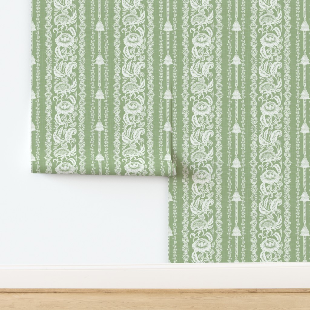 Wallpaper in Oriental Floral Stripe (Sage Green) - Medium Scale | Spoonflower
