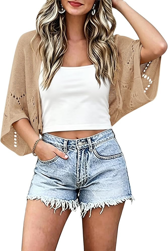 BB&KK Women's Summer Crochet Cardigans Hollow-Out Batwing Short Sleeve Lightweight Open Front Shr... | Amazon (US)
