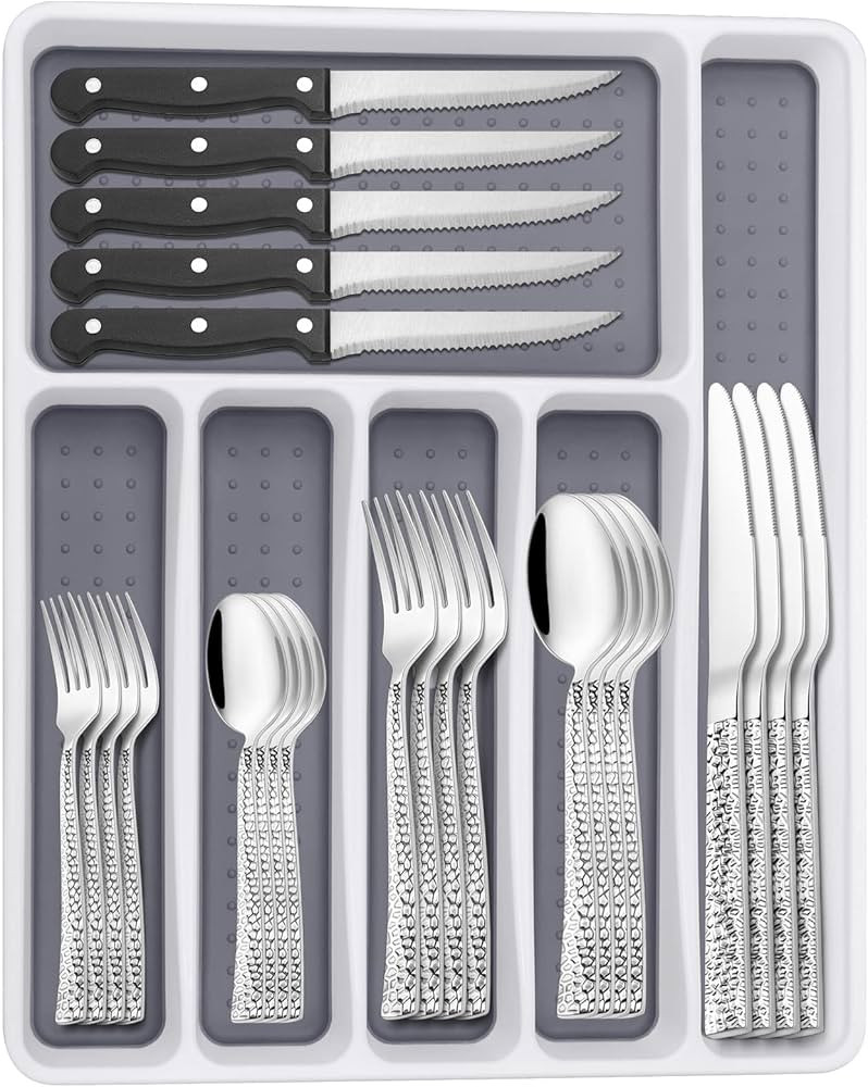 Amazon.com | Hammered Silverware Set with Organizer, 49 Piece Stainless Steel Flatware Set for 8,... | Amazon (US)