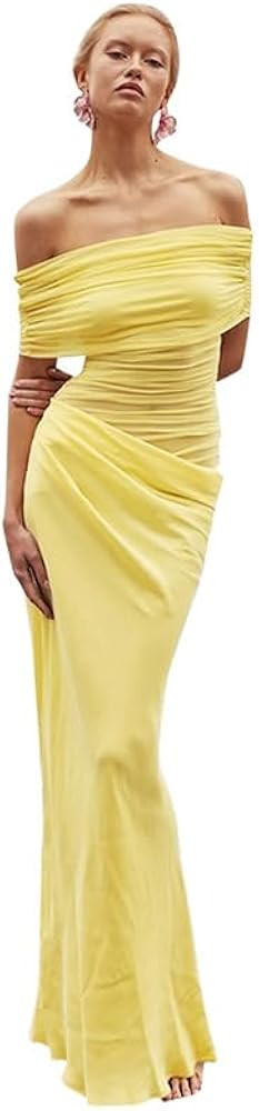Women Off Shoulder Bodycon Maxi Dress Layered Mesh Ruched Hollow Out Party Formal Wedding Guest D... | Amazon (US)