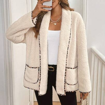 Women Leopard Print Lamb's Wool Patchwork Sherpa Casual Jacket, Regular Fit, Autumn/Winter,Color-Blocked Leopard Print Trim,Super Warm Winter Jacket | SHEIN