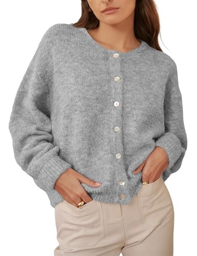 Ynhonra Women's Long Sleeve Front Button Y2k Cardigan Sweaters Crew Neck Loose 2024 Fall Tops(Gray-M) | Amazon (US)
