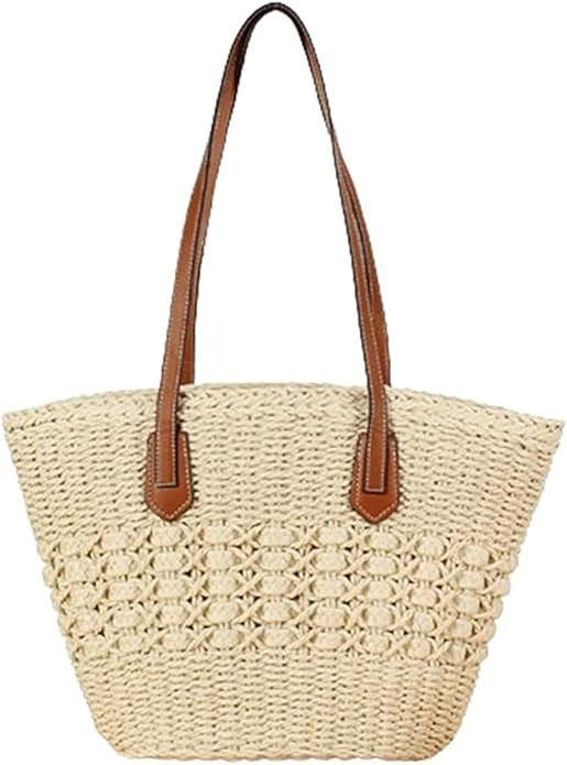 Womens Straw Tote Handbag - Summer Beach Bag with Top Handle - Handwoven Shoulder Bag - 2024 | Amazon (US)