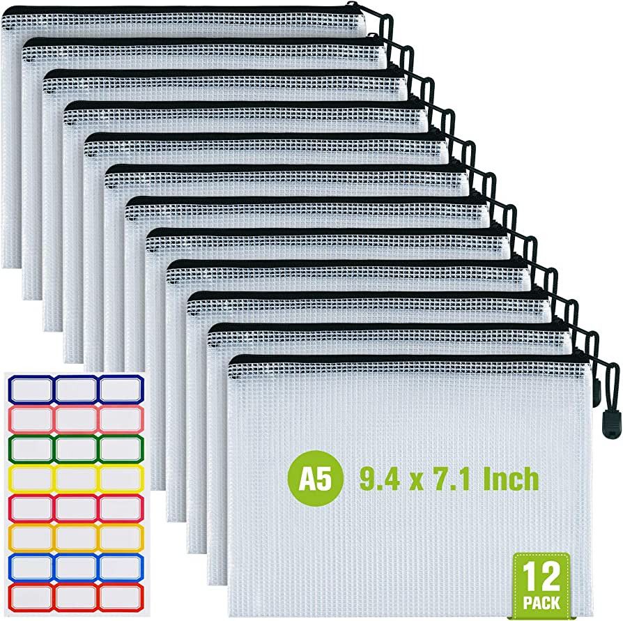 12 Pcs Plastic Mesh Zip File Bags, Waterproof Tear-Resistant Document File Folders, A5 Size Zippe... | Amazon (US)