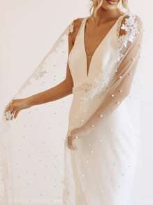 Floral Embroidered Faux Pearl Mesh Decor Wedding Wrap | SHEIN