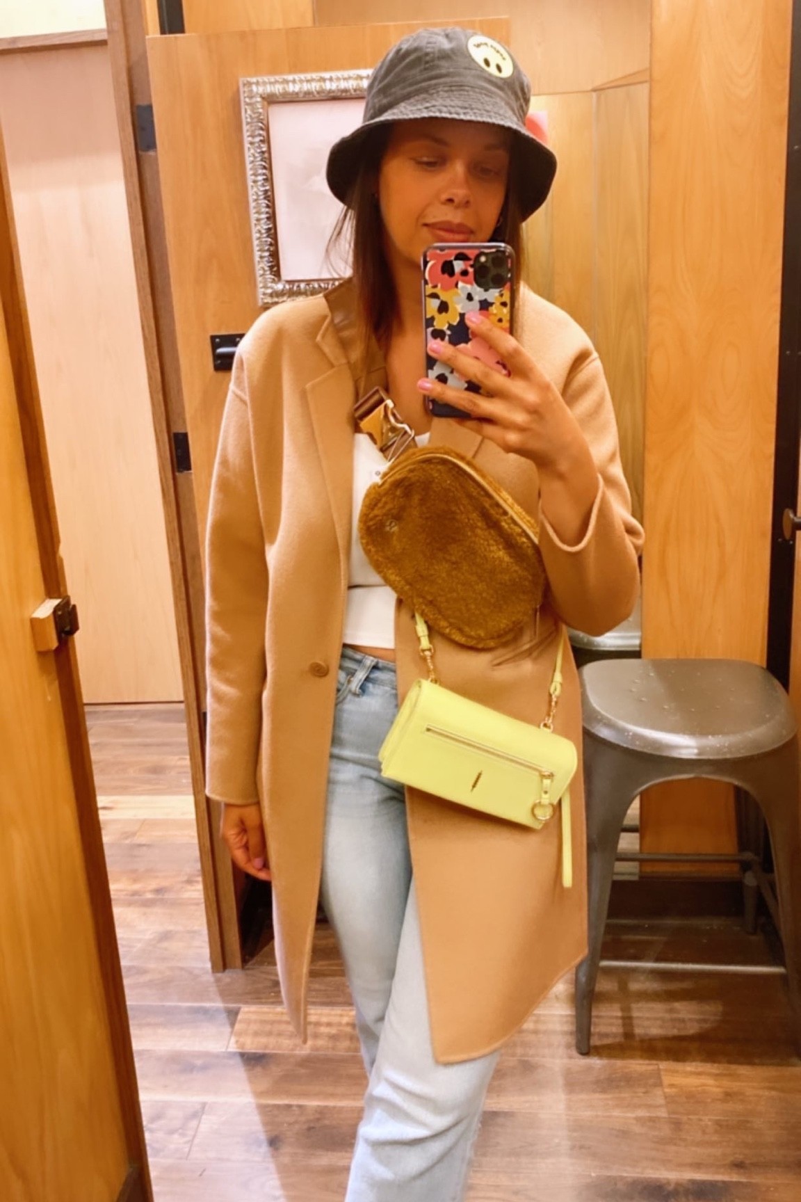 Fall Outfit with super cute lululemon belt bag, camel coat, light wash denim and smiley hat.  Also I LOVE the suede mules from madewell you can’t see in pic.  Simple #casualchic #falloutfit #beltbag #lululemon #madewell 

#LTKsalealert #LTKfit #LTKSeasonal
